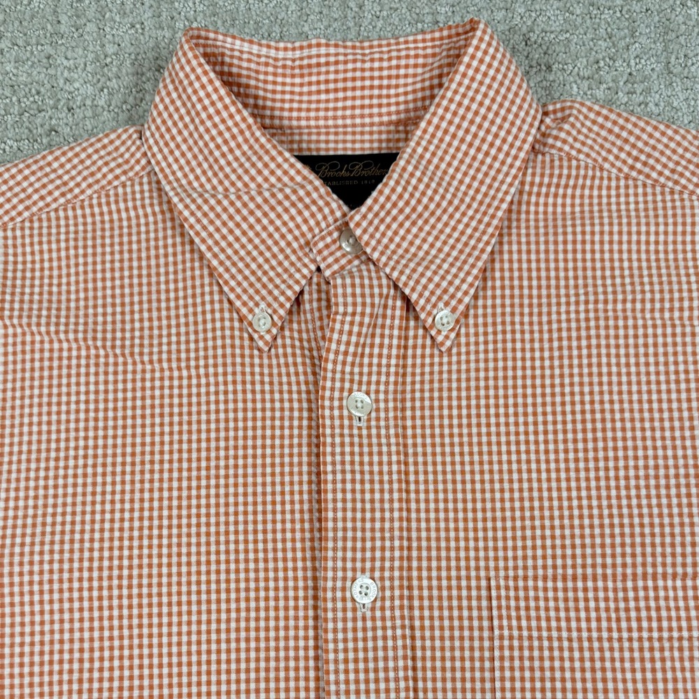 Brooks Brothers Mens Medium Orange Seer Sucker Check Button Down Shirt *Read